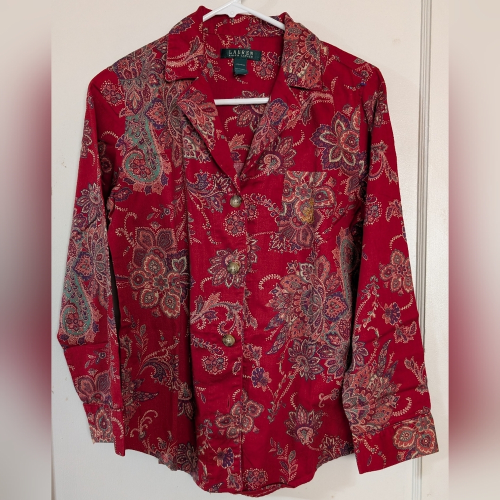 Ralph Lauren Crimson Paisley Button-Front Shirt Blouse
